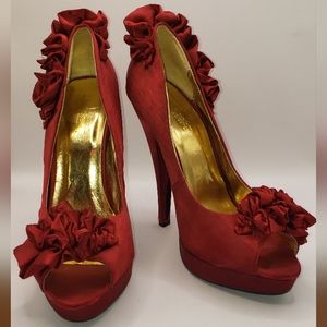 Lilianna TM Red Satin Heels w/ Bow Ribbon Women's Formal Shoe Size 9
